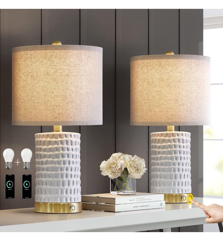 Photo 1 of PORTRES 19" Farmhouse 3-Way Dimmable Touch Ceramic Table Lamp Set of 2 for Bedroom White Bedside Lamps with USB A+C Charging Ports for Living Room Nightstand Lamp End Table Lamps(2 Bulbs Included)