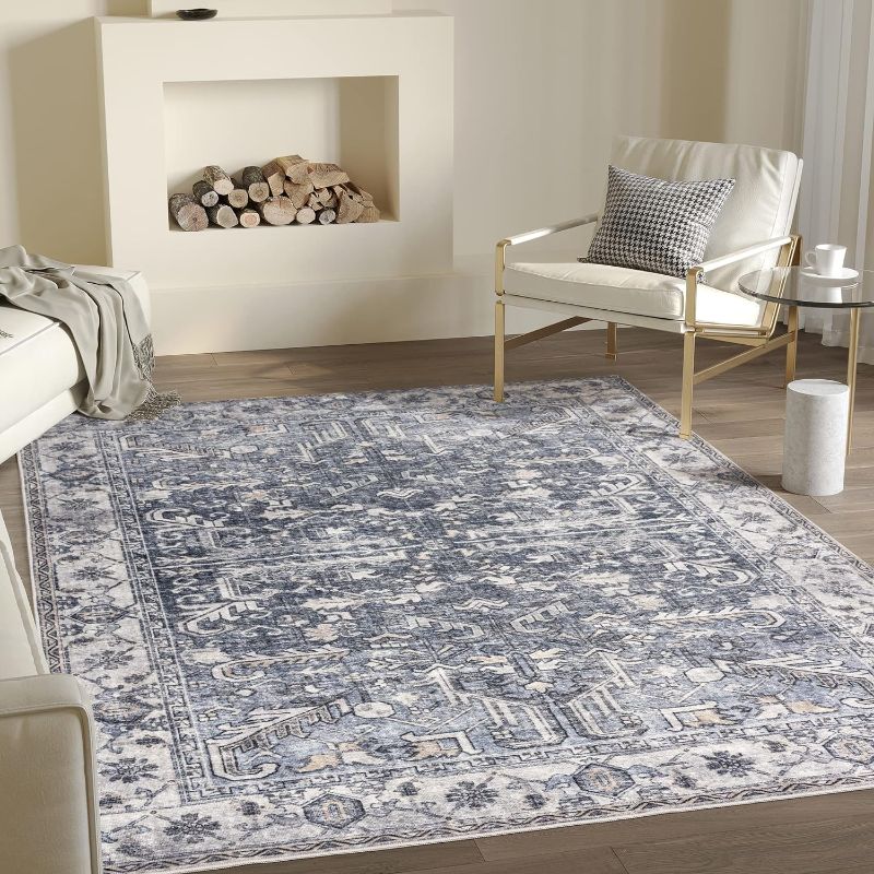 Photo 1 of Valenrug Washable Rug 4x6 - Ultra-Thin Antique Collection Area Rug, Stain Resistant Rugs for Living Room Bedroom, Distressed Vintage Rug(Blue, 8'x10') Stock picture similar