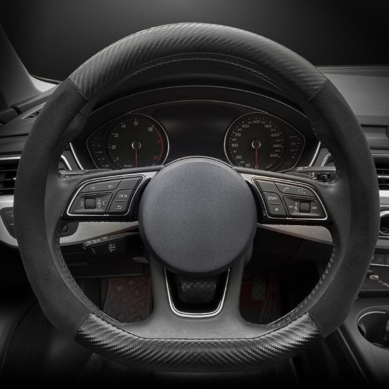 Photo 1 of Carodi Car Suede Carbon Fiber Steering Wheel Cover Car Non-Slip Leather Car Interior Fitting 15-inch Universal?D-Shape,Black ? 