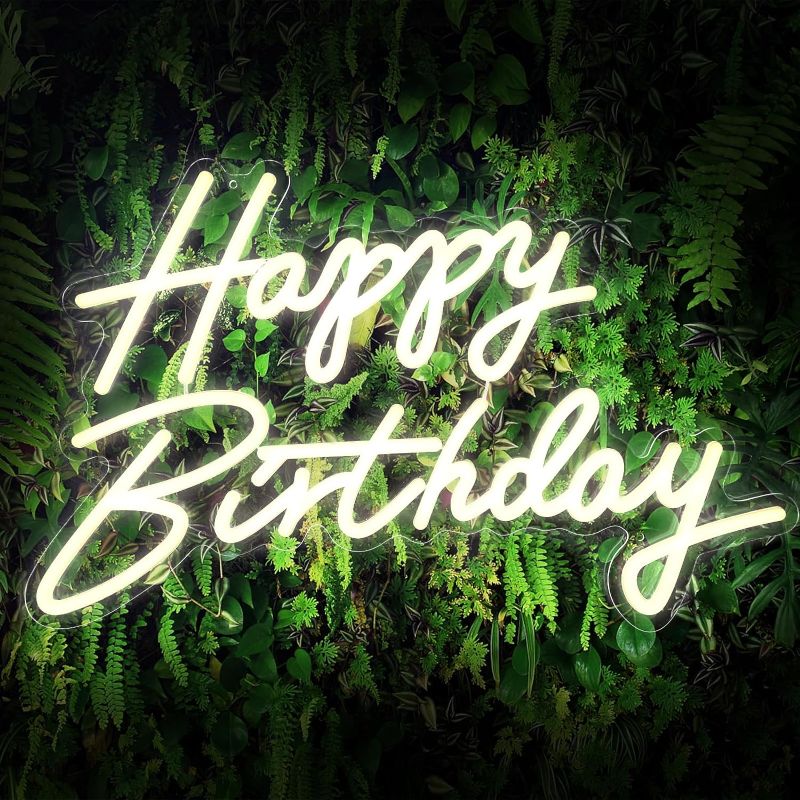 Photo 1 of ColorSavvy Happy Birthday Neon Sign, 22.5x13.8 Inch Neon Happy Birthday Sign for Backdrop with Dimmer Switch, 12V Reusable Happy Birthday LED Sign for Birthday Party Decoration(Warm White) 