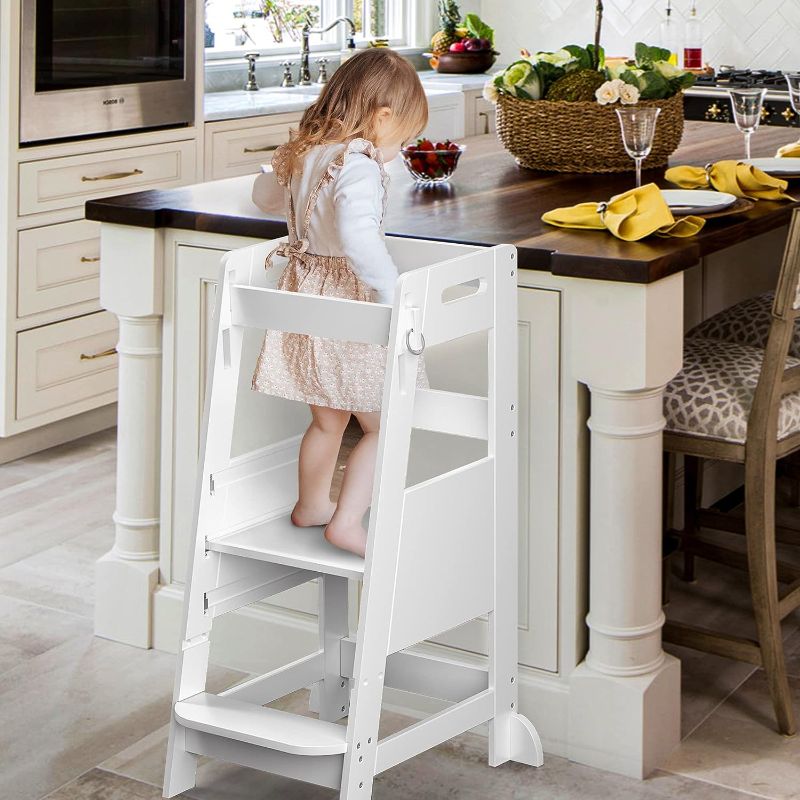 Photo 1 of Limited-time deal: TOETOL Bamboo Toddler Kitchen Step Stool White Helper Standing Tower Height Adjustable with Anti-Slip Protection for Kids Kitchen Counter Learning