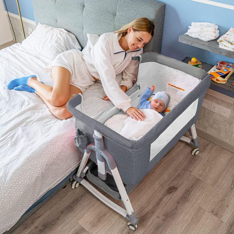 Photo 1 of BABY K Mesh Bassinet Bedside Sleeper (Grey) - 3 in 1 Convertible Bassinet with Breathable Mesh and Mattress - Bedside Bassinet for Baby Crib Attach to Bed - Baby Co Sleeper for Bedside for Infants Mesh Grey