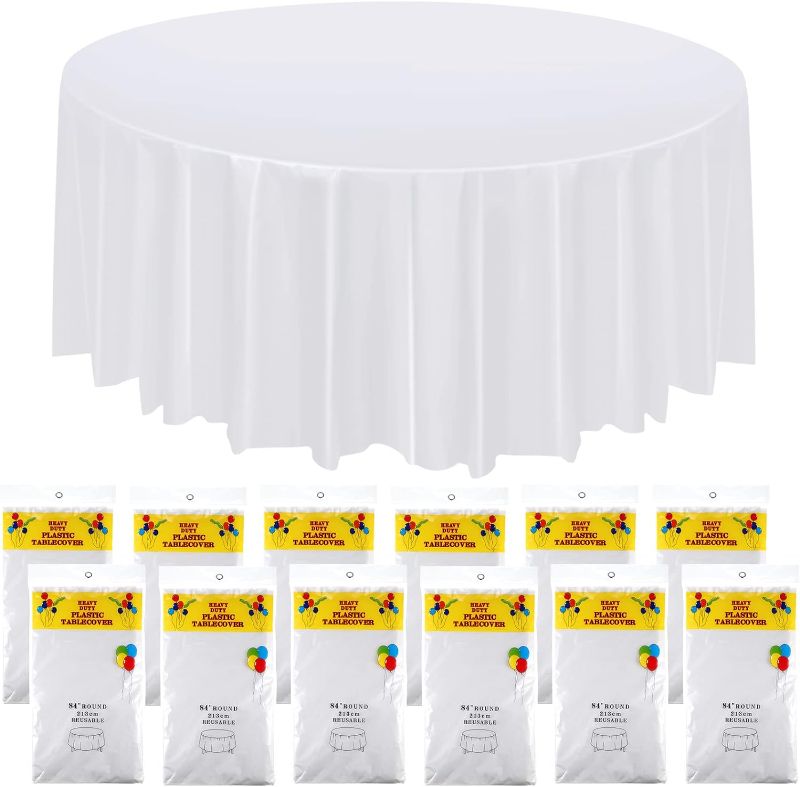 Photo 1 of 12 Pack 84 Inch Round Plastic Tablecloth Disposable Tablecloth Waterproof Round Tablecloth Camping Tablecloth for Picnic Table Cloth Halloween Party Wedding Birthday Banquet Table Cover (White) 