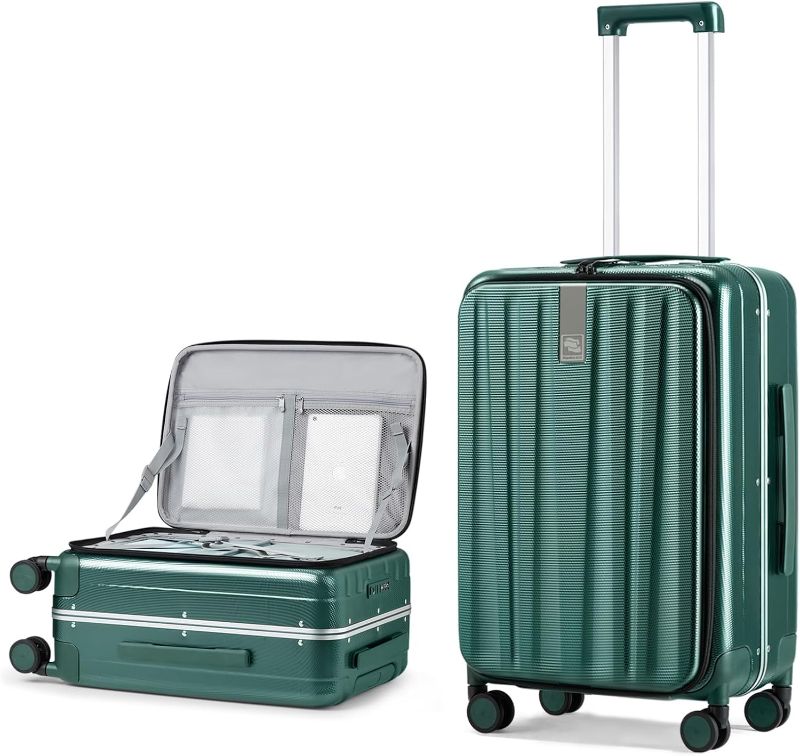 Photo 1 of Hanke 24 Inch Checked Luggage Front Opening Rolling Suitcase Aluminum Frame PC hard sided luggage with spinner wheels for Travel Woman Men.(Dark Green) 