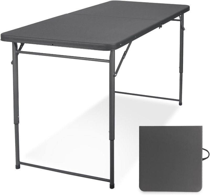 Photo 1 of Byliable Folding Table 4 Foot, Portable Plastic Card Heavy Duty Fold-in-Half Small Foldable Table, Indoor Outdoor Adjustable Height Folding Table with Carrying Handle for Picnic, Camping, Party, Grey https://a.co/d/dhSoHQx