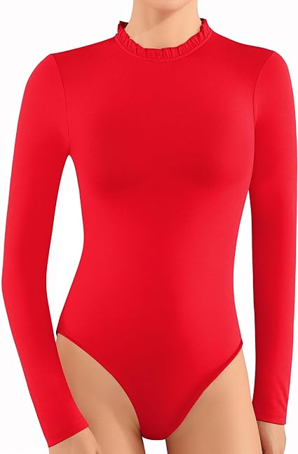 Photo 1 of XL - MANGOPOP Women's Long Sleeve Body Suits Womens Ruffle Crew Neck Bodysuit Tops for Women Fitted Going Out Body Suit Shirts 