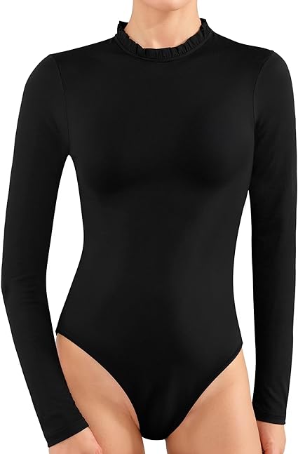 Photo 1 of XS - MANGOPOP Women's Long Sleeve Body Suits Womens Ruffle Crew Neck Bodysuit Tops for Women Fitted Going Out Body Suit Shirts 
