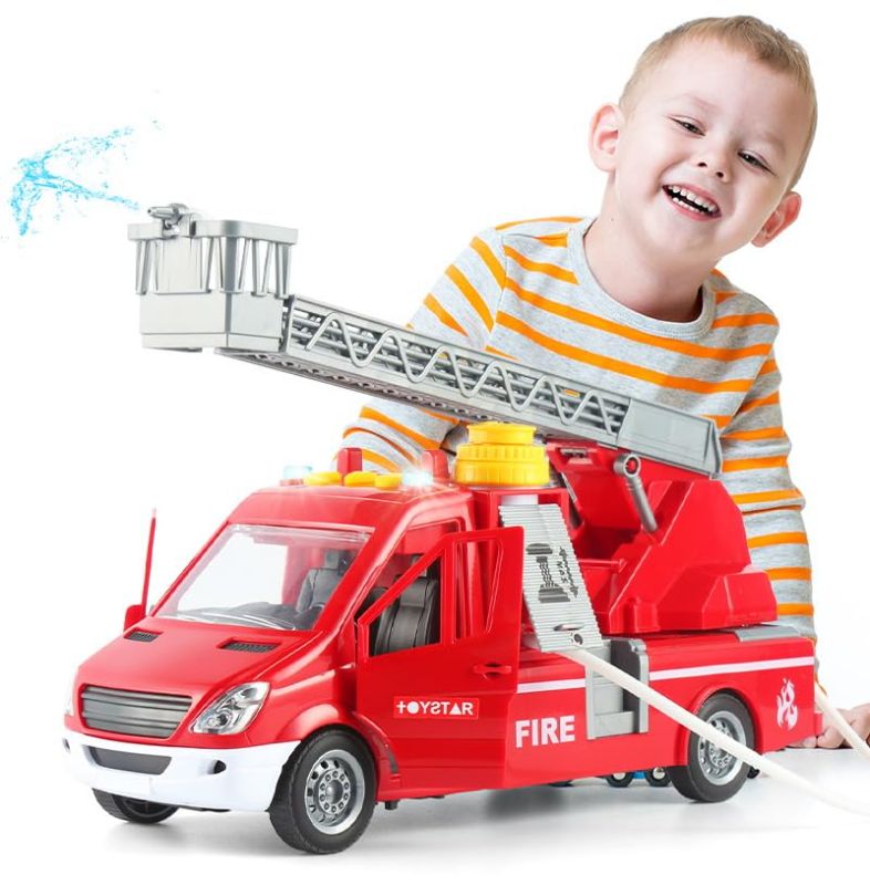 Photo 1 of ANJARU 11" Rescue Fire Truck Toys Car Lights & Sounds Shooting Water car Transport Trailers Push Car Extendable Ladder for Toddlers and Kids Age 3-8