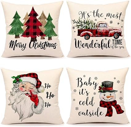 Photo 1 of Ohok Set of 4 Christmas Pillow Covers Throw Pillow Covers Decorative Pillow Covers for Home Decor Sofa Couch Chair Bed Bedroom Living Room (Pink Car Santa Claus Christmas Tree)