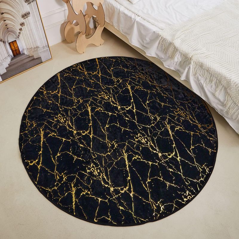 Photo 1 of YIHOUSE Gold Foil Faux Fur Round Rug for Bedroom, Soft Circle Rug for Kids Room,Circular Rug for Girls Baby Living Room Home Decor(Black, 6x6 Feet)