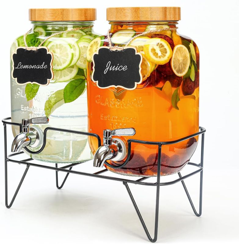 Photo 1 of 1 Gallon Glass Drink Dispenser with Bamboo Lid, 2 Pack Water Dispenser with Stand, Drink Machine for Lemonade, Iced Drinks, Kombucha Dispenser for Parties, Weddings