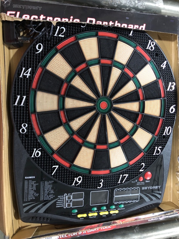 Photo 2 of Seydrey Electronic Dart Board, Dart Board Electronic Scoreboard with 6 Darts 50 Soft Tips, LCD Display Electronic Dartboard for Adults and Family, 1*Power Adapter, 1*Throw Line