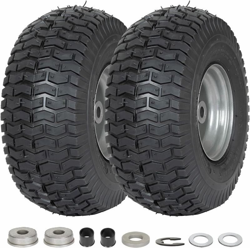 Photo 1 of  15x6.00-6 Front Tire with Wheel Assembly Replacement for Craftsman Riding Mowers, 3" centered Hub, 3/4" Bushing, 15x6-6 Lawn Mower Tractor Turf Tire, 4 Ply, 400lbs Capacity, Set of 2