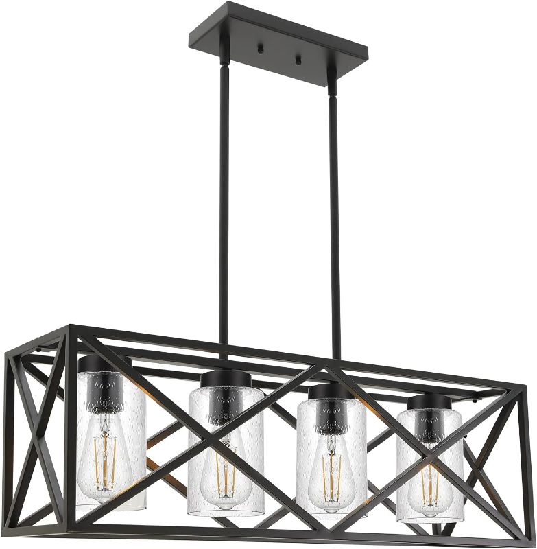 Photo 1 of 4-Lights Black Farmhouse Rectangle Chandelier Dining Room Light Fixtures, 30.4-Inches Length Contemporary Kitchen Island Pendant Lighting with Seeded Glass Lampshades
