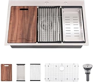 Photo 1 of 33-Inch Drop in Workstation Kitchen Sink - VOKIM 33 x22Inch Single Bowl Kitchen Sink 16 Gauge Stainless Steel 10'' Deep Handmade Kitchen Sink with Cutting Board& Strainer