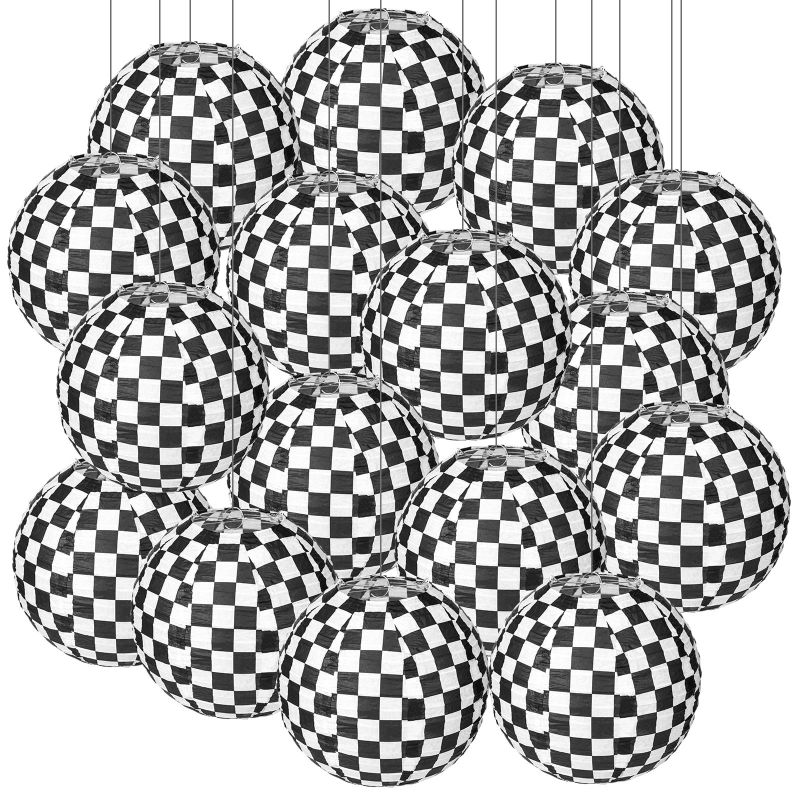 Photo 1 of 16 Pcs Checkered Paper Lanterns 9.84'' Round Black and White Paper Lantern 