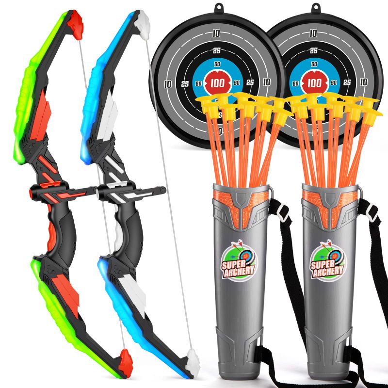 Photo 1 of TEMI 2 Pack Set Kids Archery Bow Arrow Toy Set Outdoor Hunting Play with 2 Bow 20 Suction Cup Arrows 2 Target & 2 Quiver