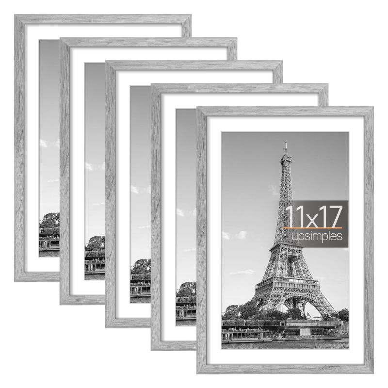 Photo 1 of upsimples 11x17 Picture Frame Set of 5, Display Pictures 9x15 with Mat or 11x17 Without Mat, Wall Gallery Photo Frames, Gray