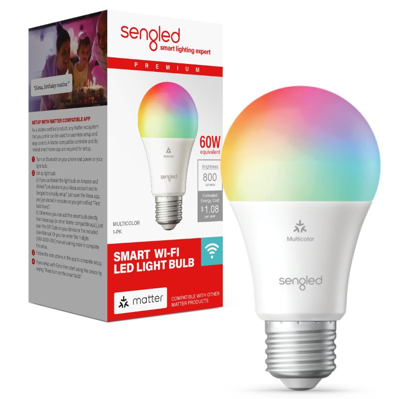Photo 1 of Sengled LED Smart Light Bulb (A19), Matter-Enabled, Multicolor, Works with Alexa, 60W Equivalent, 800LM, Instant Pairing, 2.4 GHz, Wi-Fi, 1-Pack