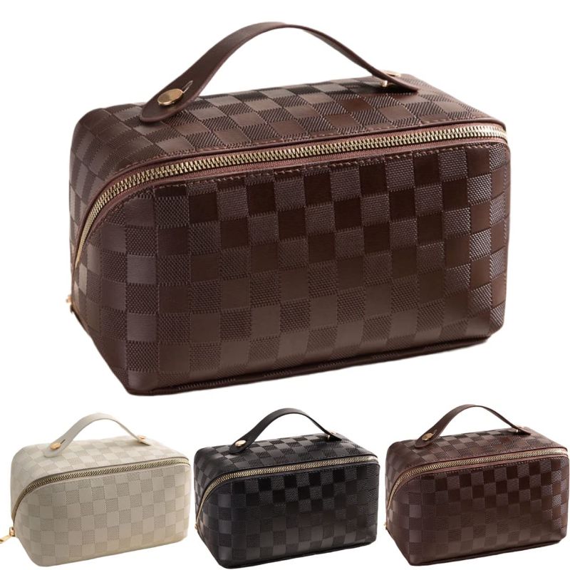 Photo 1 of BAKLUCK Checkered Makeup Bag Large Capacity Travel Cosmetic Bag with Compartments Waterproof Portable PU Leather