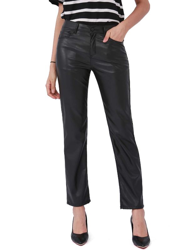 Photo 1 of Balleay Art Faux Leather Pants for Women, Straight Leg Mid Waist Butt Lift, 5 Pockets Black Large