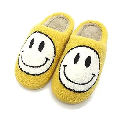 Photo 1 of Women's Smiley Face Slippers Winter Fuzzy Slippers Warm Cozy House Slippers, Size 8.5 White