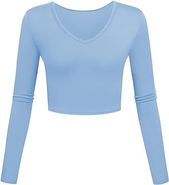 Photo 1 of V Neck Crop Tops Long Sleeve Sexy Shirts Fit Slim Base Layer for Women
size medium light blue 