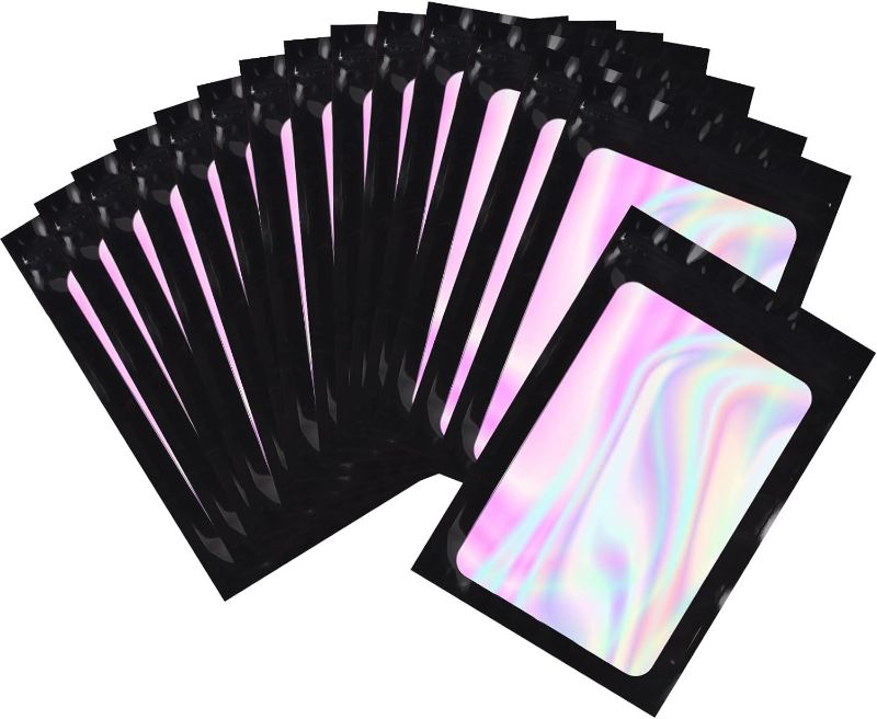 Photo 1 of 100PCS Smell Proof Mylar Bags Holographic Packaging Pouch Bag with Clear Window,3x4inch Resealable Ziplock Foil Pouch Bags for Food Storage, Candy, Jewelry, Electronics Storage (Black) 