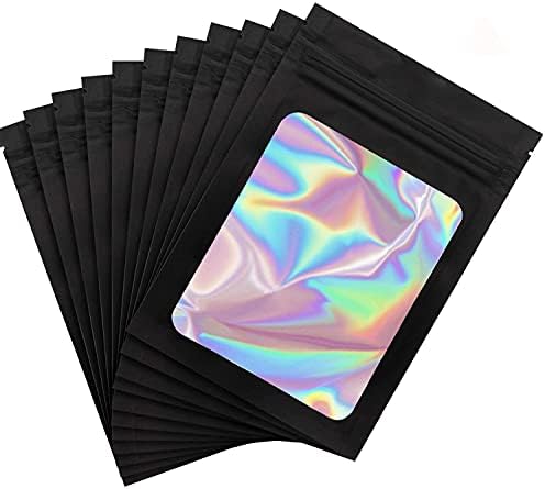 Photo 1 of 100PCS Smell Proof Mylar Bags Holographic Packaging Pouch Bag with Clear Window,4x6inch Resealable Ziplock Foil Pouch Bags for Food Storage, Candy, Jewelry, Electronics Storage (Black)