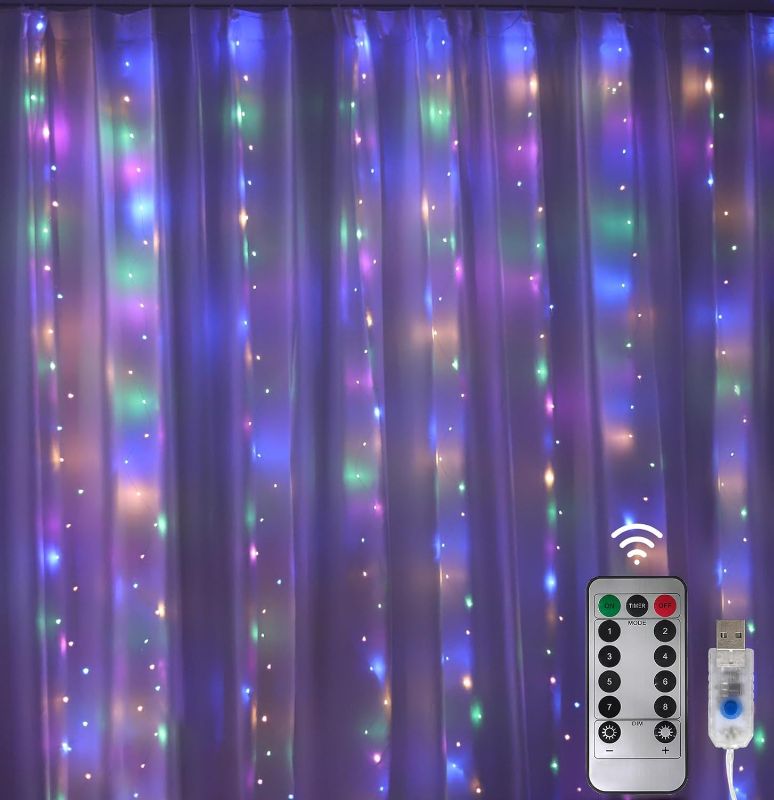 Photo 1 of Ericlin Lighting 300 LED Curtain Light for Bedroom, USB Plug in 8 Modes Fairy Curtain String Light with Remote Control, Hanging Twinkle Lights for Bedroom, Party Decor, Backdrop (Seven Colors)