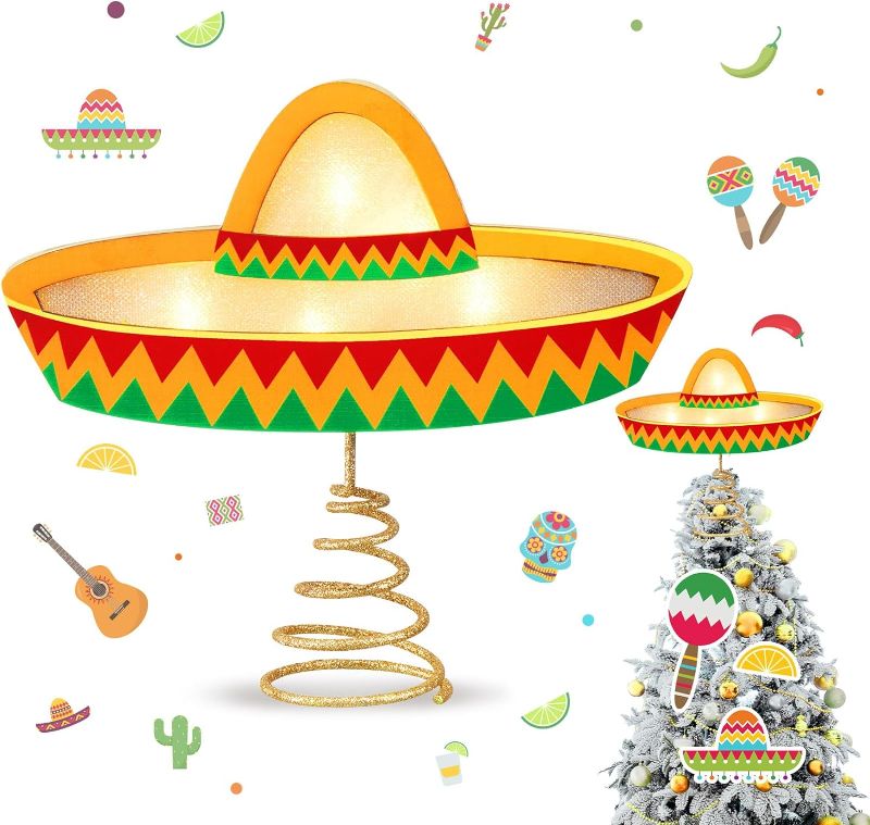Photo 1 of Craftsatin 9.2 x 7.8 Inch Wood Hat Shaped Tree Topper Cinco De Mayo Hat Tree Topper Happy Cinco De Mayo with LED Light for Mexican Fiesta Party Decoration Tabletop Display Housewarming Birthday 