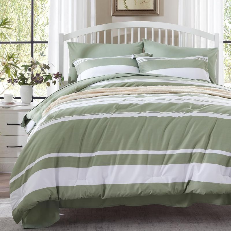 Photo 1 of Zzlpp King Comforter Set 7 Pieces, Sage Green Striped Bed in a Bag with Comforter and Sheets, All Season Bedding Sets with 1 Comforter, 2 Pillow Shams, 2 Pillowcases, 1 Flat Sheet, 1 Fitted Sheet