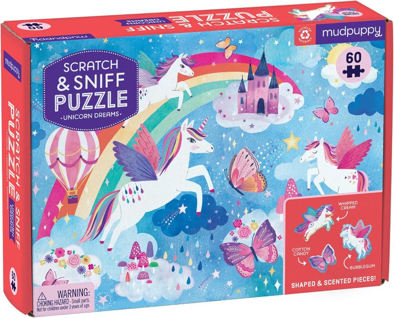 Photo 1 of Unicorn Dreams Scratch and Sniff Puzzle from Mudpuppy - 60 Piece Jigsaw Puzzle with 6 Shaped Pieces, Features Colorful Illustrations, 3 Magical Scents, Ages 4+
