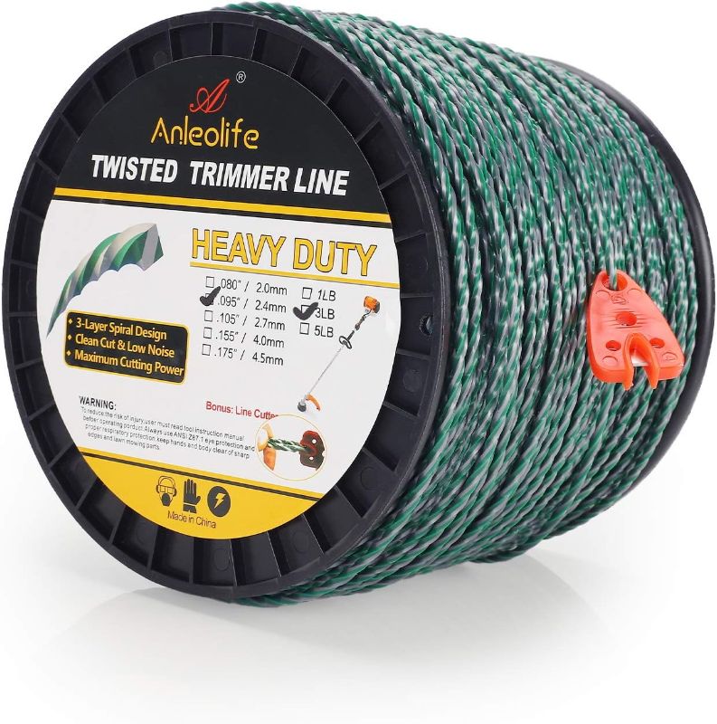 Photo 1 of Limited-time deal: A ANLEOLIFE 3-Pound Heavy Duty Twisted .095-inch-by-1181-ft Dual Core String Spiral Trimmer Line Spool,with Bonus Line Cutter