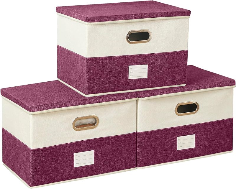Photo 1 of Decorative Storage Boxes with Lids [3-Pack] Cube Storage Organizer, Fabric Storage Bins with lid,Storage Cube with Lid for Clothes,Blankets(Purple-14.9x9.8x9.8)
