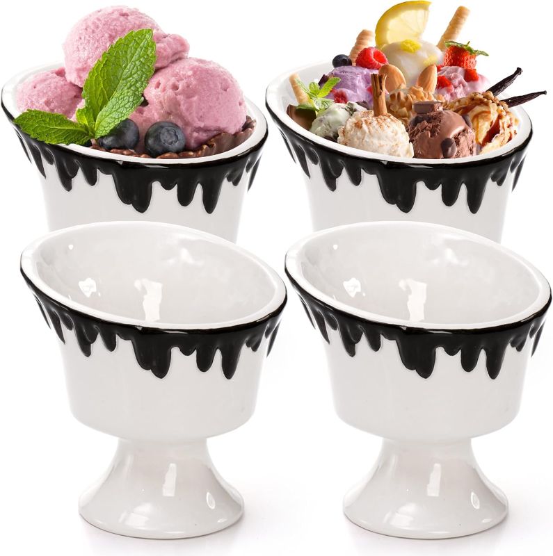 Photo 1 of Eorbow 4 Pack Ceramic Ice Cream Cups, 9 OZ Porcelain Footed Dessert Bowl, Reusable Stemmed Sundae Cups for Pudding, Frozen Yogurt, Souffle, Milkshakes, Fruit, Snack, Unique Melting Pattern