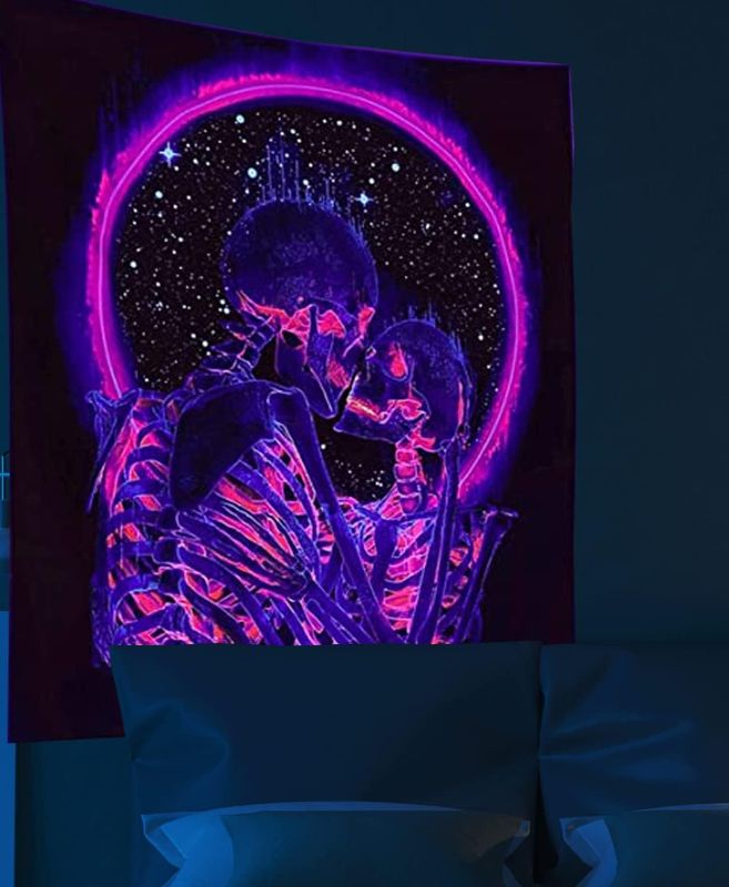 Photo 1 of HMTFOTO 51.2" X 59.1" Blacklight Purple Skeleton Tapestry UV Reactive Trippy Neon Tapestries Glow in the Dark for Party Backdrop Tapestry Wall Hanging for Living Room Decorations 