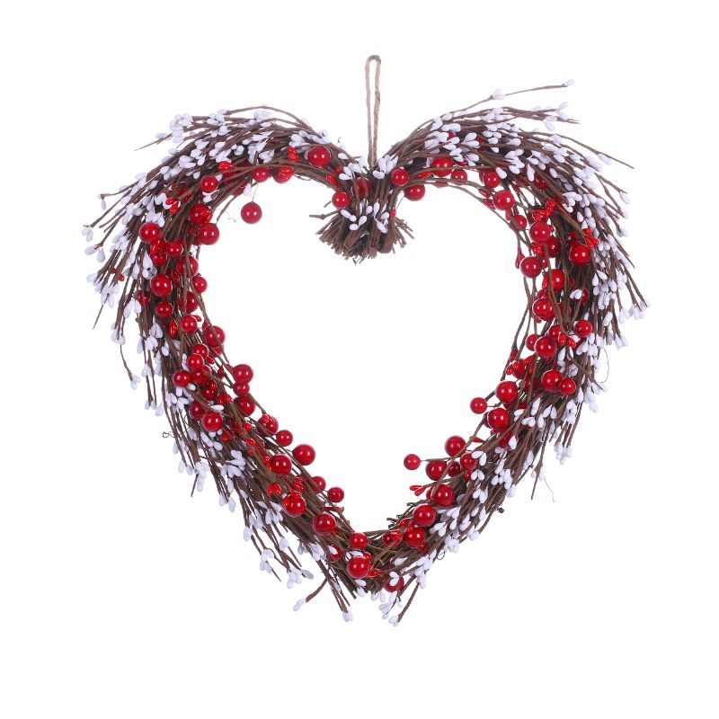 Photo 1 of DIYFLORU Artificial Valentine’s Day Wreath,15 Inches,Heart-Shaped Wreath with Round Berries and White Pip Berries,Perfect for Valentine’s Day Decor,Wedding