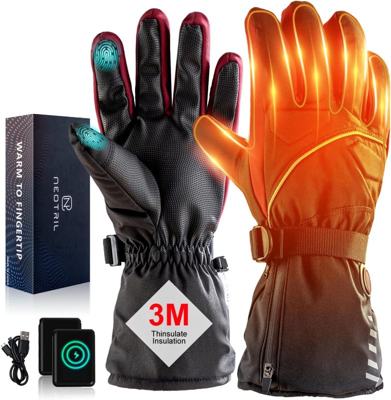 Photo 1 of NEOTRIL Electric Heated Gloves for Men with 8000mAh Rechargeable Batteries Lasts 8 Hours, 3 Temperature Levels & Touchscreen, Waterproof Women Heating Gloves for Winter Outdoor Skiing Hiking XL