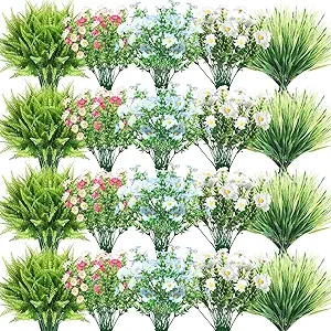 Photo 1 of 50 Bundles Artificial Daisies Flowers Colorful Daisy Outdoor UV Resistant Faux Boston Fern Artificial Grass Fake Foliage Greenery Faux Plants Shrubs Faux Greenery for House Garden Window Decor