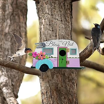 Photo 1 of Bird House for Outside, Hanging Outdoor Birdhouse, Wooden Welcome Bluebird Houses, Rustic Spring Nesting Box Decoration for Sparrow Chickadee Patio Garden Yard 