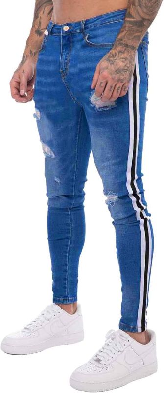 Photo 1 of HUNGSON Men's Blue Slim Fit Jeans Stretch Destroyed Ripped Skinny Jeans Side Striped Denim Pants  Size 36