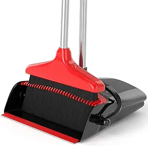 Photo 1 of Broom with Dustpan Combo Set 54" Long Handle Adjustable Length Stainless Steel Broomstick Standing Dust Pan and Broom Set for Office Home Kitchen Lobby Floor Cleaning (Red and Black)