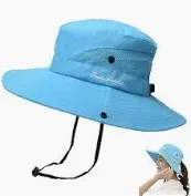 Photo 1 of Women's Bucket Hat Ponytail Fishing Hat Outdoor UV Protection UPF 50+ Sun Hat Summer Wide Brim Hiking Hat Cap,Blue