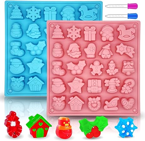 Photo 1 of Christmas Chocolate and Candy Molds, Silicone Gummy Baking Molds for Santa Clause Snowman Christmas Tree Presents Gingerbread Stockings Star Snowmobile Rocking Horse Candy Cane Molds