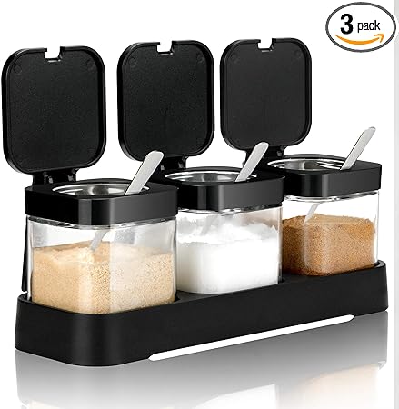 Photo 1 of Mlici Condiment Jar Spice Container with Lids and Spoons, 8.6oz Clear Glass Condiment Canisters Pots Seasoning Box Salt Container Sugar Bowl Set of 3 for Kitchen, Counter, Food Storage, Black