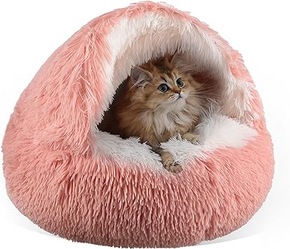 Photo 1 of Cat Bed Round Plush Fluffy Hooded Calming Cat Bed Cave for Dogs&Cats,Self Warming pet Bed with Non-collapsed Cover for Indoor Cats or Small Dogs,Machine Washable,Anti-Slip&Waterproof Bottom,20",Pink