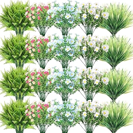 Photo 1 of 50 Bundles Artificial Daisies Flowers Colorful Daisy Outdoor UV Resistant Faux Boston Fern Artificial Grass Fake Foliage Greenery Faux Plants Shrubs Faux Greenery for House Garden Window Decor