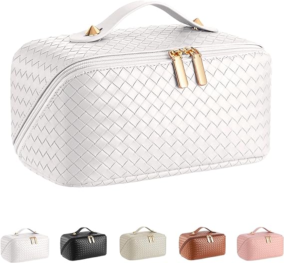 Photo 1 of Travel Makeup Bag Organizer PU Leather Checkered Cosmetic Bag for Women Waterproof Portable with Open Wide Pouch Large Capacity Toiletry Bag