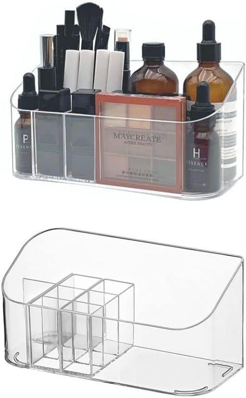 Photo 1 of LINFIDITE 2 Pack Bathroom Cabinet Cosmetic Storage Tray Makeup Organizer Tray with 9 Compartments 2 Removable Dividers Lipgloss Organizer Makeup Display Tray Case for Beauty Essentials Crystal Clear
